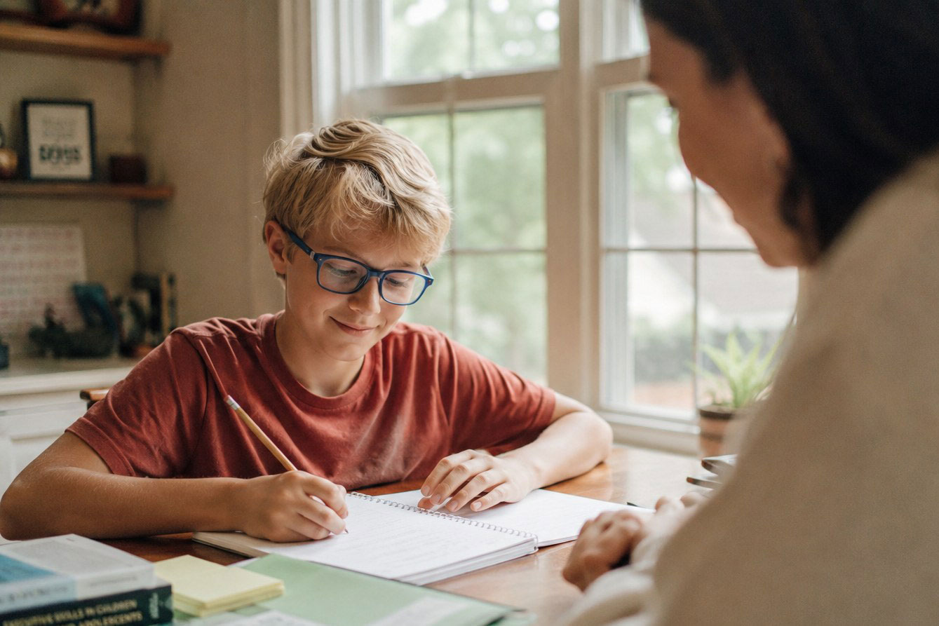 A student working confidently with his educational therapist at home